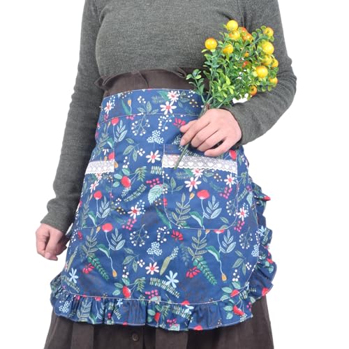 Love Potato Demi-tablier vintage à motif floral avec poches, tablier de taille en coton pour femme, 65 x 43 cm, cuisine, pâtisserie, Fleurs bleues, taille...