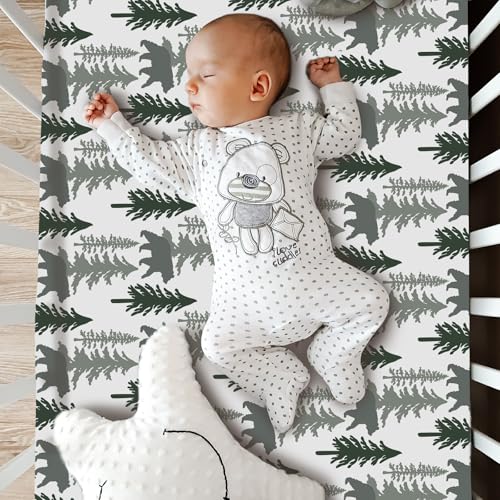 Image of Hahafelt 3 Pcs Woodland Crib Bedding Set for Boys, Green Elk Bear Baby Crib Sets for Newborn, Infant & Toddler Nursery Bed Set Decor with Fitted Sheet, Dust Ruffle, Comforter