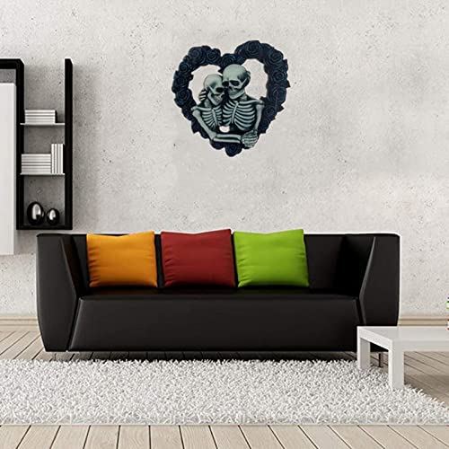 FIYSON Totenkopf Paar Wanddeko 20 x 20cm Schwarzem Schädel Herzförmig Rose Hängende Dekoration Türschmuck Halloween Schädel kranz Herbst Winter Dekorativer Das Erntedankfest Innen Wanddekoration