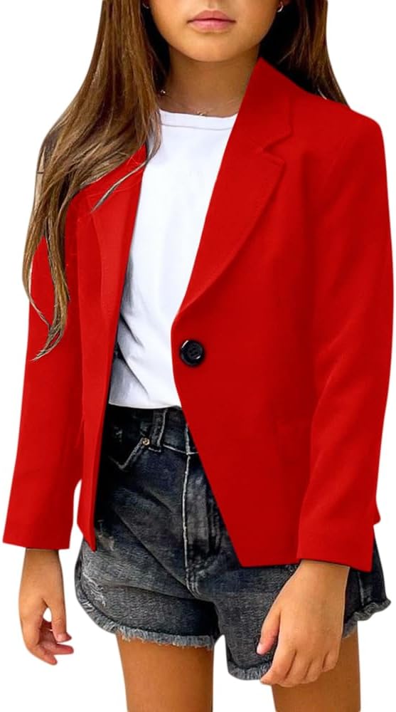 rrhss Girls Solid Color Lapel Suit Coat Button Down Long Seelve Blazer Jacket