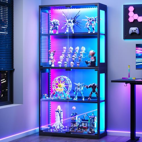 Coleshome Vitrina Cristal RGB LED 4 Estantes, Expositor Puertas, Negro