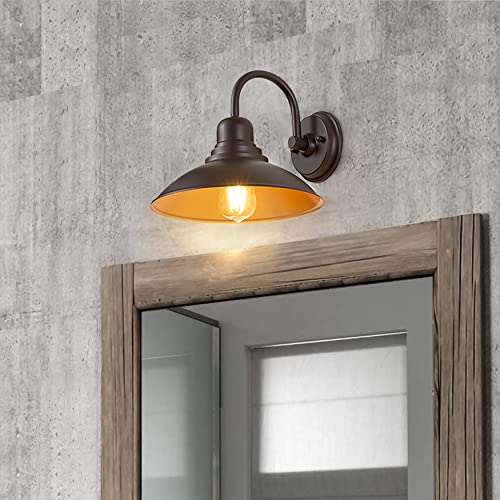 Image of GOLDHILL 10.5 inch Bronze Gooseneck Metal Outdoor Barn Light, Powder Coated Farmhouse Porch Light with Gold Interior, Wet Location Rated Exterior Sconce for Porch, Garage, Bathroom Vanity