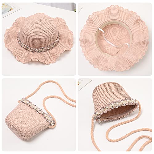 Summer Straw Hat Bag Set, Cute Wide Brim Floppy Beach Sun Hats with Straw Woven Shoulder Bag Outdoor Outfit Set for Girls3
