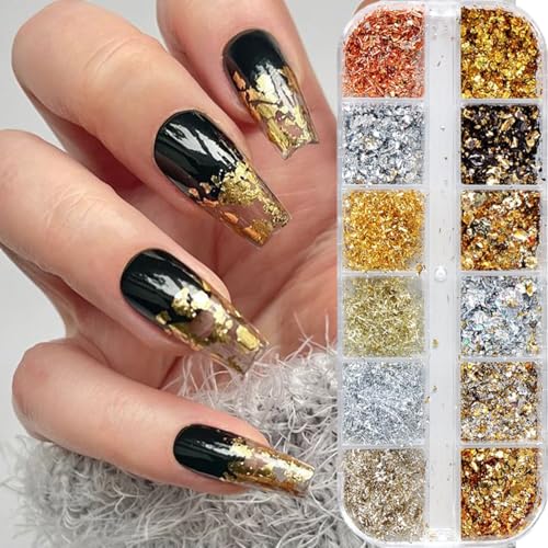 12 Grids Holographic Nail Glitter Gold Foils for Kit Sparkly Ultr...