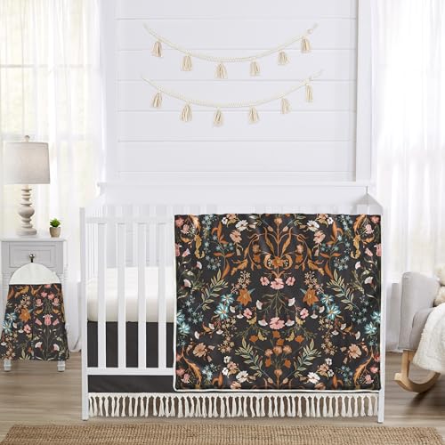Image of Sweet Jojo Designs 4-Piece Baby Crib Bedding Set (Black Wildflower Vintage Floral) for Girls, Infants /Nursery incl. Blanket, Fitted Sheet, Skirt, Diaper Stacker (Boho, Paisley, Bohemian, Cottagecore)