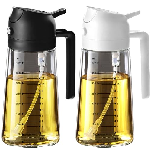 TrendPlain 16oz/470ml Glass Olive Oil Sprayer for Cooking – 2 in 1 Olive Oil Dispenser Bottle for Kitchen Gadgets and Air Fryer Accessories, Salad, BBQ - Black & White