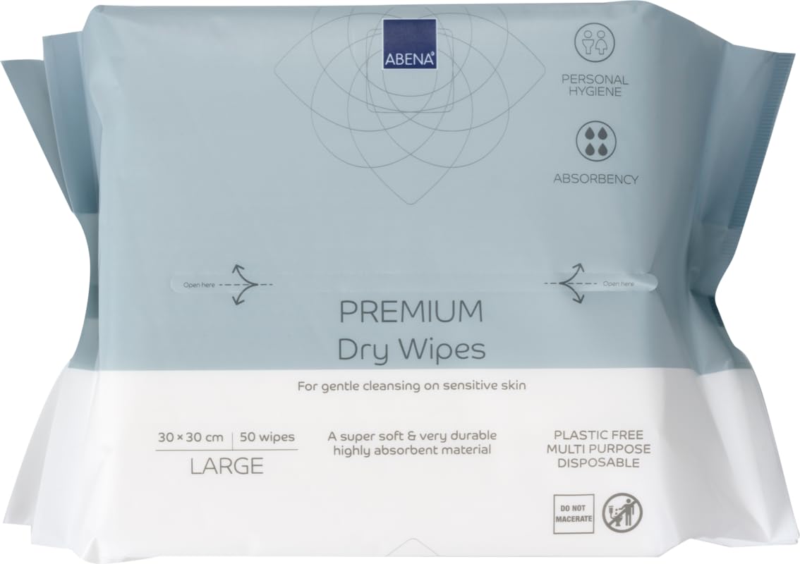 ABENA Premium Dry Wipes | Pack of 50 Wipes | 30 x 30cm | Multifunctional Cleansing Wipes | Hygiene Wipes | Easy & Effective Everyday Cleaning | Disposable Towels | Absorbency Level 4