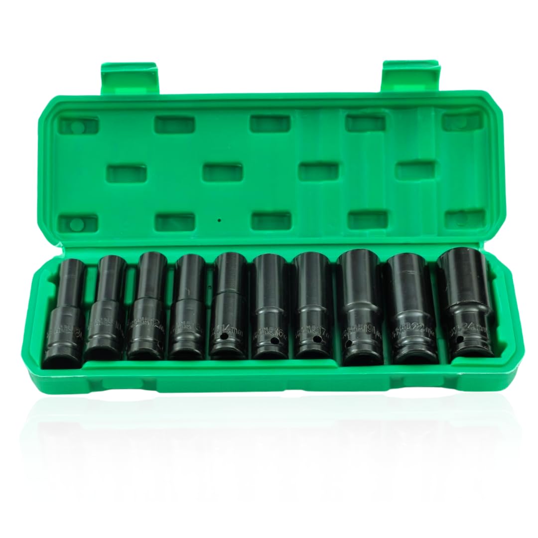 Homdum 10pcs Deep Impact Socket Set Universal Socket Metric Drive Hex Long Socket Set Wrench For Air Pneumatic Repair Tools 8-24MM Size