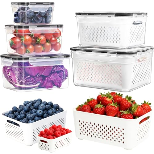 PRAKI 5-Pack Large Fruit Storage Containers for Fridge with Removable Colander, 2 in 1 Produce...