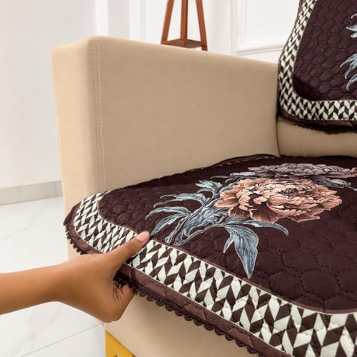 Image of Homerz 'Brooklyn Series' Premium Sofa Cover | Quilted Floral Design | Non-Slip Washable Sofa Protector | Soft Anti Slip Fabric (Ny Brown, 1 Seater, Seat Cover with Backrest)