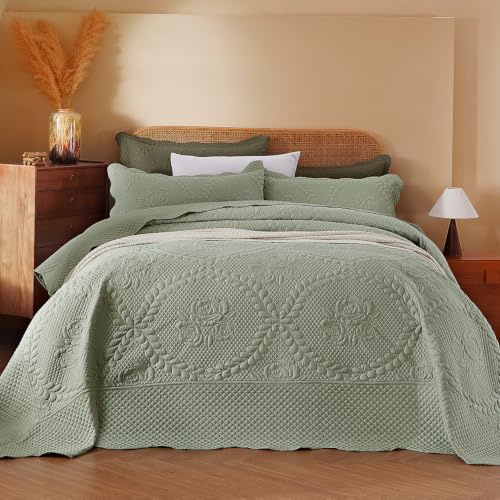 Image of EVENHUG Oversized King Bedspreads California King Quilt Set with Pillow Shams Extra Wide Large King Size Quilts Lightweight Coverlet Bedding Sets Sage Green 120 inchx128 inch