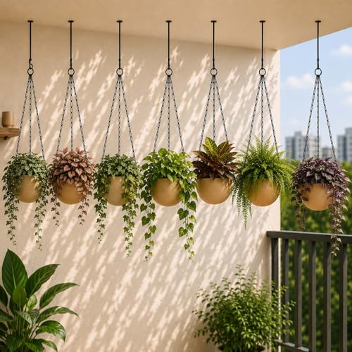 Image of Go Hooked Henri Hanging Planter Pot for Indoor & Outdoor Plants Pack of 7 | 7 Inch Plastic Hanging Pots with Metal Chain | Decorative Round Hanging Planter for Balcony, Garden & Home Decor (Sandstone)