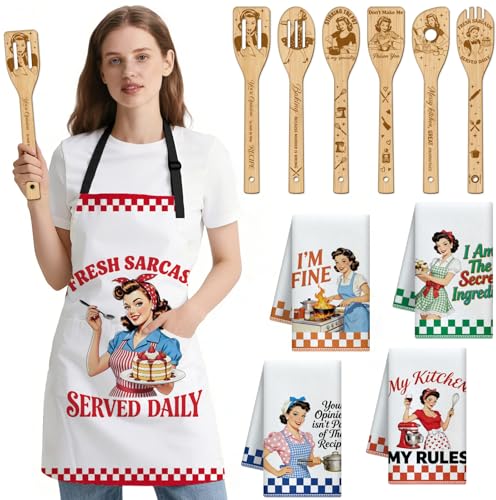 Regalos de cocina vintage GLOBLELAND: 6 utensilios de madera, delantal y 4 paños para inauguración