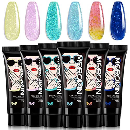 Morovan Poly Gel Kits - 6 Colors Poly Gel Nail Extension Kit Professional Poly Nail Gel Kits Starter Kit for Art Nail Beginners the Choice of Glitter Poly Gel Nail Kit DIY Salon at Home