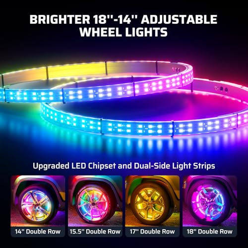 Image of Ehaho 14''-18'' Double Row Adjustable Wheel Lights, Brighter RGB Chasing Rim Lights with App, Music Wheel Ring Light with Turn & Braking Signal Compatible with Various Trucks SUV Car（4PCS）