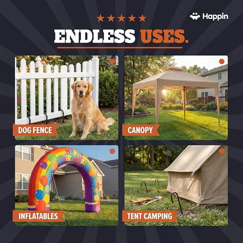 Image of Happin 24 Inch Rebar Stakes, J Hooks, Tent Stakes Heavy Duty Galvanized Garden Stakes - Trampoline Stakes, Chain Link Fence parts, Canopy, Lawn Decorations, Inflatables, Swing Set (J Shape - 16 Pack)
