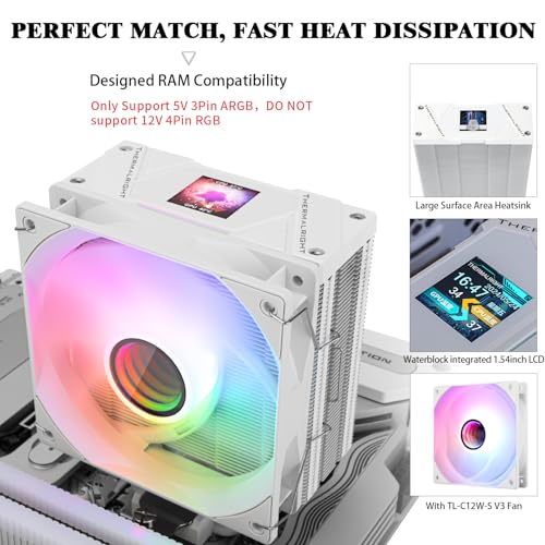 Image of Thermalright Assassin Spirit 120 Vision ARGB White CPU Cooler with 1.54-inch 240*240 Resolution IPS Display LCD Screen,Computer CPU Air Cooling for LGA1700 /1851 /115X,AM4 /AM5,High Performance Radiator