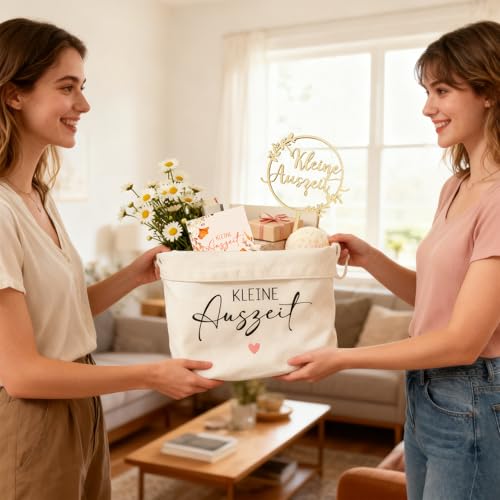 Kleine Auszeit Geschenk, Wellness Geschenkset für Frauen - Kleine AuszeitKorb, Holzdekorationen, Karte und Umschlag, Entspannung Geschenk für Damen Mutter Freundin (Auszeit)