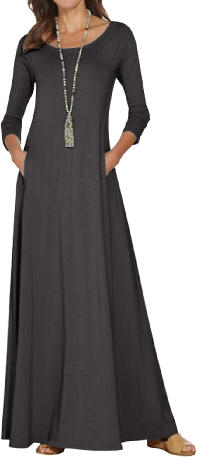 Jacansi Women's 3/4 Long Sleeve Maxi Dresses Casual Boat Neck Dress with Pockets