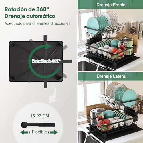 MAJALiS Escurreplatos, Acero Inoxidable Escurridor de Platos de 2 Niveles Gran, Escurridor de Platos para Fregadero con Drenaje Automático, Soporte para Utensilios, Portavasos, y Alfombrilla de Seca - imagen 3