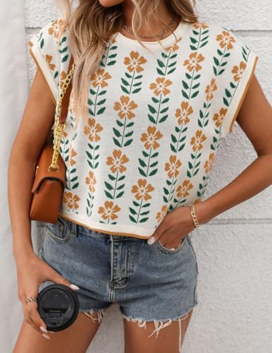 Women Floral Knitted Crop Tops, Summer Short Sleeve Sweaters Tee Shirts Ladies Casual Knit Short Tshirts2