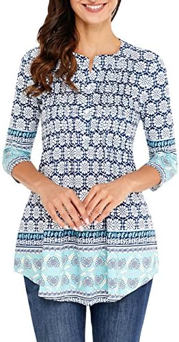 AINCRSO Womens Floral Tunic Tops with 3/4 Sleeves - Long Casual Floral Shirt Blouse with Round Neck – Buttons up Top Shirt Light Blue
