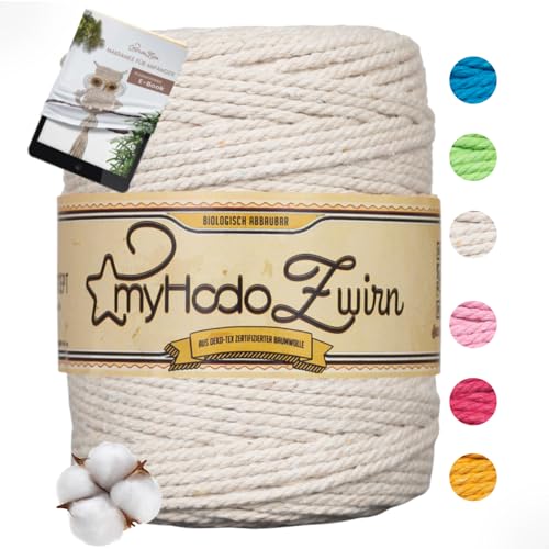 myHodo Hilo Macramé Premium Natural - Algodón Certificado Oeko-Tex - Embalaje Sin Plástico - Ideal para Soportes para Plantas - Bricolaje y Decoración Bohemia del Hogar, Cuerda Macrame (3mm x 135m)