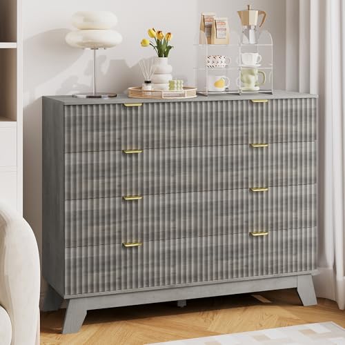 Image of HUANLEGO 48 inch W Tall Fluted Dresser for Bedroom with 8 Drawer, Grey | Mid Century Modern Dresser for Closet, Anti-Tipping Design, Wooden Dressers & Chest of Drawers for Living Room, Home Office
