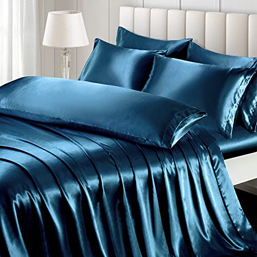 Image of Ersmak 7 Pieces Satin Sheets Set King Size, Luxury Silky Navy Blue Satin Bed Sheets Set with 1 Deep Pocket Fitted Sheet, 1 Soft Flat Sheet, 4 King Pillowcases and 1 Body Pillowcase