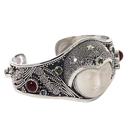 Novica Handmade .925 Sterling Silver Peridot Carnelian Cuff Bracelet With Gemstones Bone Blue Topaz Multigem Green Multicolor Red Indonesia Sun Moon Birthstone Balinese Traditional 'Moon Queen' #TOP1