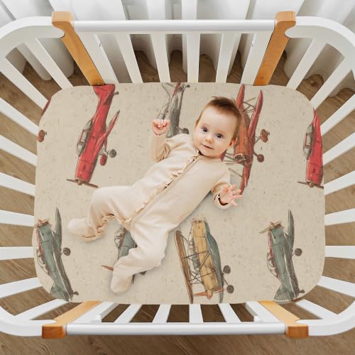 Image of Airplane Planes Vintage Crib Sheets Soft Breathable Fitted Baby Crib Sheets Mattress Cover for Girls Boys, 52 inch x 28 inch x 9 inch