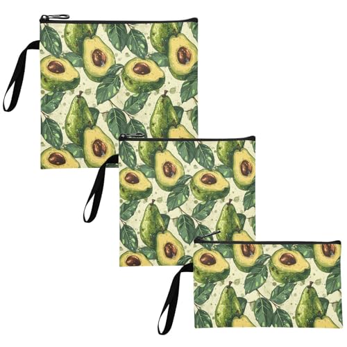 Yoogain Avocados Design Green Summer 3 pack Reusable Snack Bags and Sandwich Bags Multi-Use Emergency Snacks Makeup Bag for Kids Students Adults Food