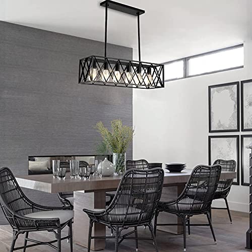 Pretoy X-00008 Kitchen Island Pendant Lighting 6-Light Black Metal Industrial Bar Chandelier Fixtures Vintage Hanging Farmhouse Rectangle Linear Chandelier thumb #3