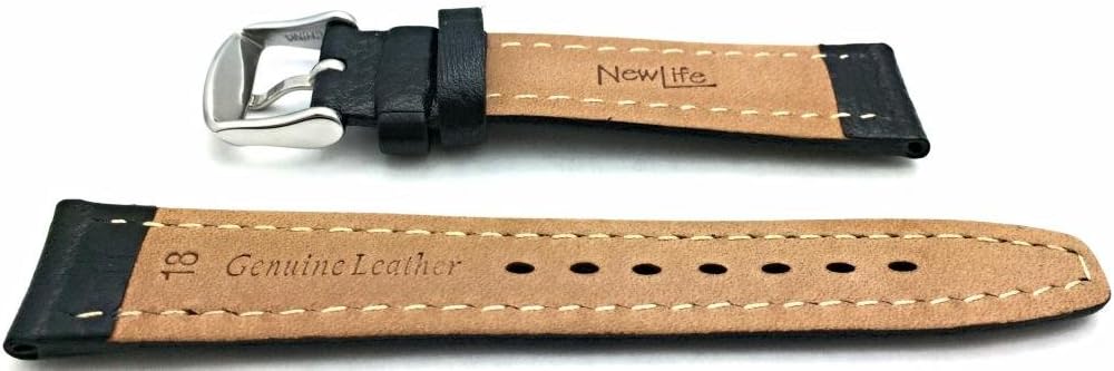NewLife 18mm Black Genuine Leather Watchband | Matte, Shrunken Grained, Medium Padded Replacement Wrist Watchstrap with Thick Threads that Brings to Any Watch (Mens Standard Length)