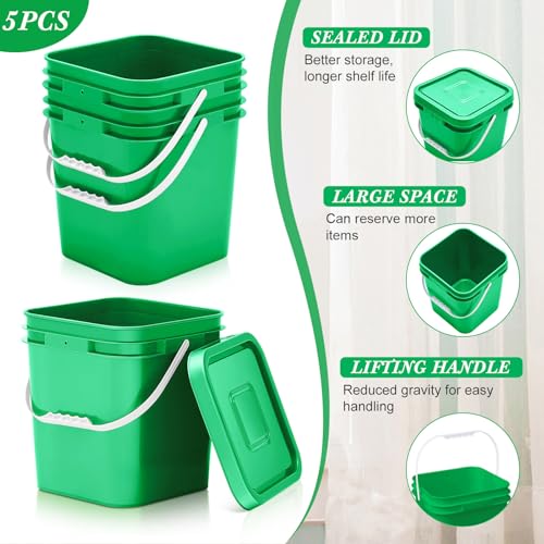 Image of Mumufy 5 Pcs 3.5 Gallon Square Food Grade Bucket with Lid Square Bucket Pail Plastic Handles for Long Term Food Storage, Camping, Fishing, Home Organization Easy Stack and Store (Green)
