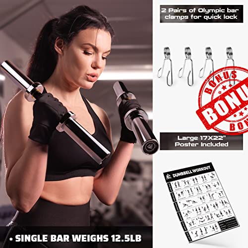 Lionscool 16“/”20” Loadable Dumbbells Pairs In Commercial Grade, Heavy Duty Olympic Dumbbell Bar/Handle For Strength Training, Compatible With 2’’ Standard Plates, Bonus 4 Clamps (Silver Chrome, 20 Inch) #TOP6