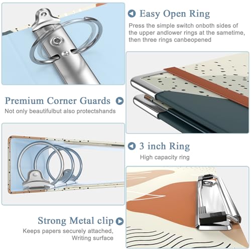 Image of 3 Ring Binder, 3 Inches Round Ring Binder with Clipboard, Dividers Tabs, PVC Zipper Bag Sleeves & to Do List Planners for Women, Men, School, Office Supplies,Boho Leaf