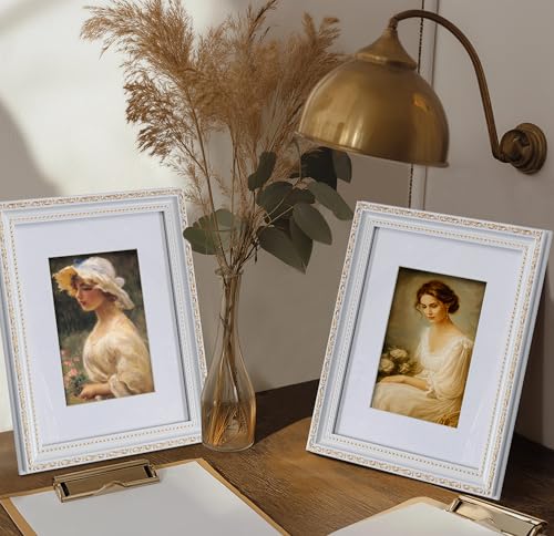 Image of eletecpro 8x10 Vintage Picture Frame, Glass Cover, White, 2-Pack | Display Photo 5x7 with Mat or 8x10 without, Horizontal or Vertical, Tabletop or Wall Decor