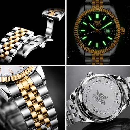 Image of Classic Off-White Dial Quartz Watch for Men with Stainless Steel Two Tone Bracelet (Silver-Golden), Magnified Date Window & Water Resistant Build