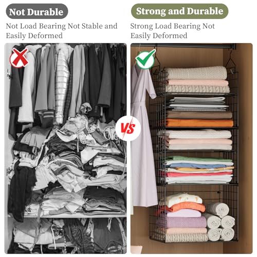 Image of X-cosrack Closet Hanging Organizer Shelves - 5 Tier Wardrobe Organizers and Storage Bin, Hanging Organizer Shelves, Clothes Shelf with Adjustable Dividers for Bedroom Closet Sweater Shoes Handbag