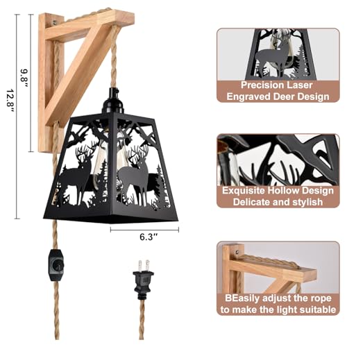 Image of Plug in Wall Light,Rustic Deer Dimmable Wall Sconce with Wood Shelf Bracket,Farmhouse Black Wall Sconces Set of Two,Metal Wall Light Fixtures,Vintage Wall Lamps for Living Room,Bedroom,Bedside
