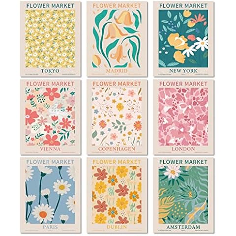 MINI ZOZI Flower Market Posters Wall Art Prints 9PCS 8x10 Aesthetic Danish Pastel Matisse Floral Flower Print Poster Set Trendy For Dorm Room Decor Decorations Cute Flowers Unframed Paintings Collage Cover