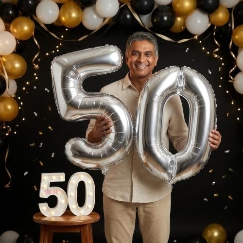 Image of Balloonistics Silver 40-Inch Foil Number 50 Balloon with Matching LED Marquee Light - Combo Set for 50th Birthday, Anniversary, Retirement Party Decoration, Photo Booth Backdrop