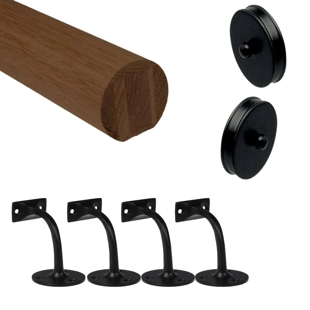 Jackson Woodturners Dark Hardwood Mopstick Handrail Kit with Black Wall Brackets & Slim End Caps – Stair Handrail Set 1.8m 2.4m 3.6m 4.2m (3600mm + 4 Wall Brackets)