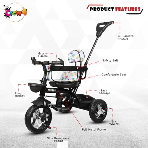 Image of Tricycle 1 Years to 5 Years with Removable Safety Guard and Parental Control Back Side Push Handle with Rubber Tyre for Kid's CR07 (White 2)