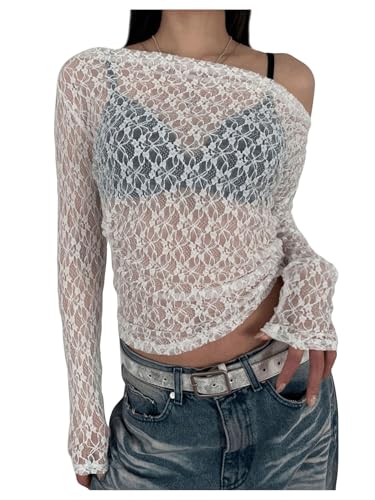 Milumia Women's Lace Sheer Mesh One Off The Shoulder Long Sleeve Crop Top Rave Y2k Sexy Shirt See Through Top