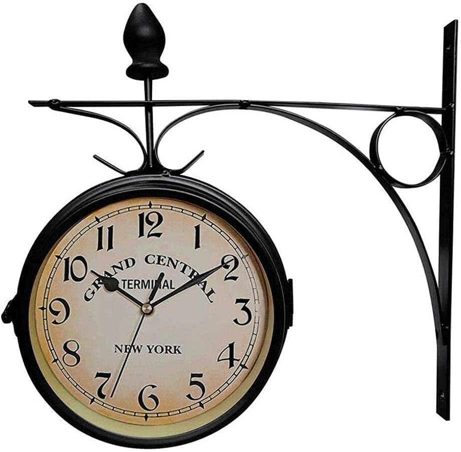 Wall Clock, Clocks Outdoor Waterproof, Double-Sided Outdoor Clocks for The Garden Wall Mounted Battery Powered Metal Hanger Outside Clock