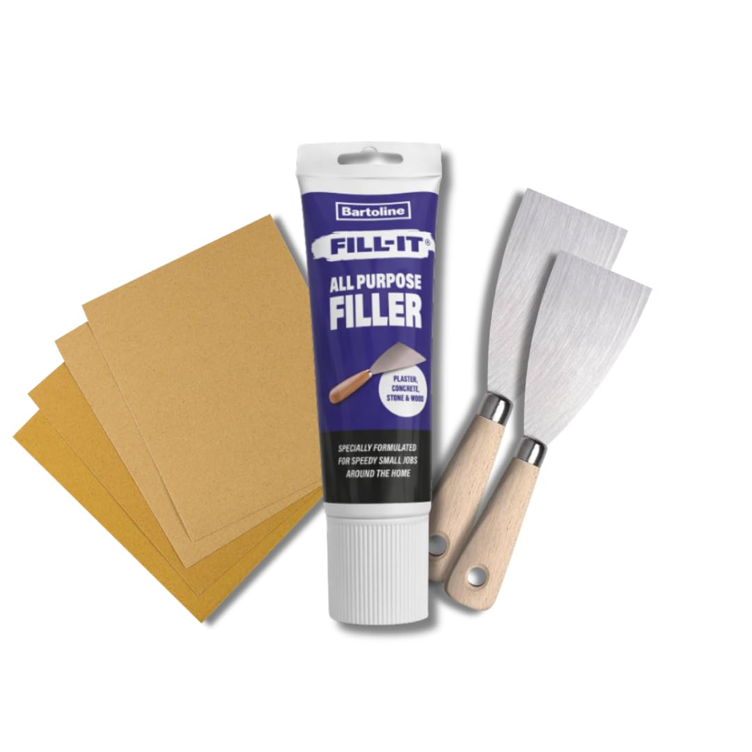 Orylis White Plaster, Wood & Wall Filler 330G + 2" And 3" Filling Tools & 4 Sandpapers (2 Coarse, 2 Fine) – Wall Repair Kit & Filler For Crack, Hole & Gap Repair On Plaster, Wood Filler