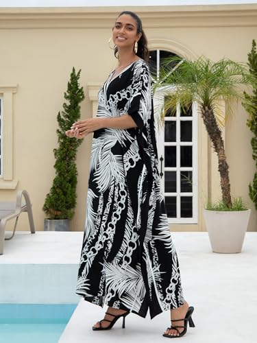 Image of KECVOT Kaftan Dresses for Women V-Neck Print Swimsuit Cover Up Plus Size Beach Caftan Lounge Dress