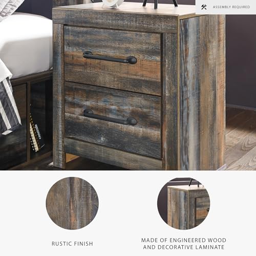 Image of Signature Design by Ashley Drystan Rustic Industrial 2 Drawer Nightstand with 2 Slim-Profile USB Charging Stations, 24.37 inch Tall, Weatherworn Brown